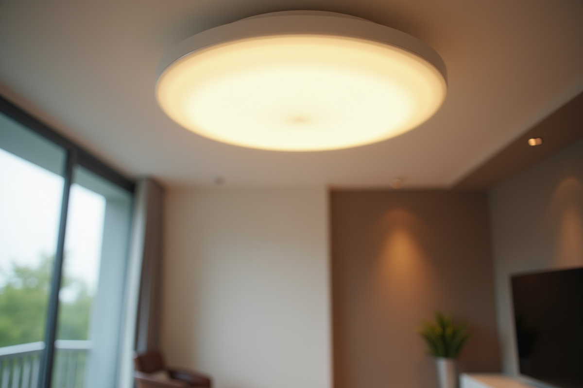 Salon moderne avec plafonnier rond lumineux naturel