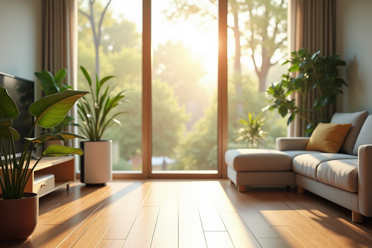 Salon moderne avec purificateur d'air et plantes naturelles