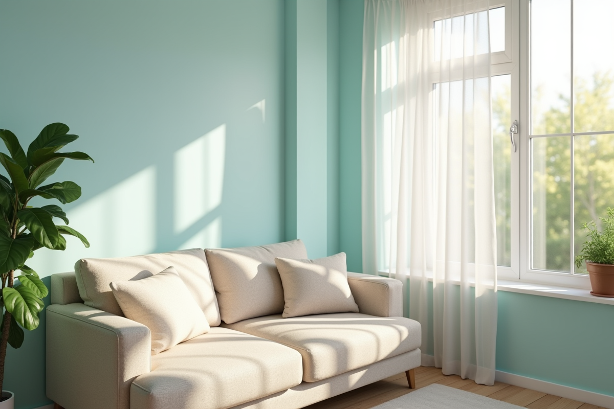 Salon lumineux avec murs pastel bleu et canapé beige