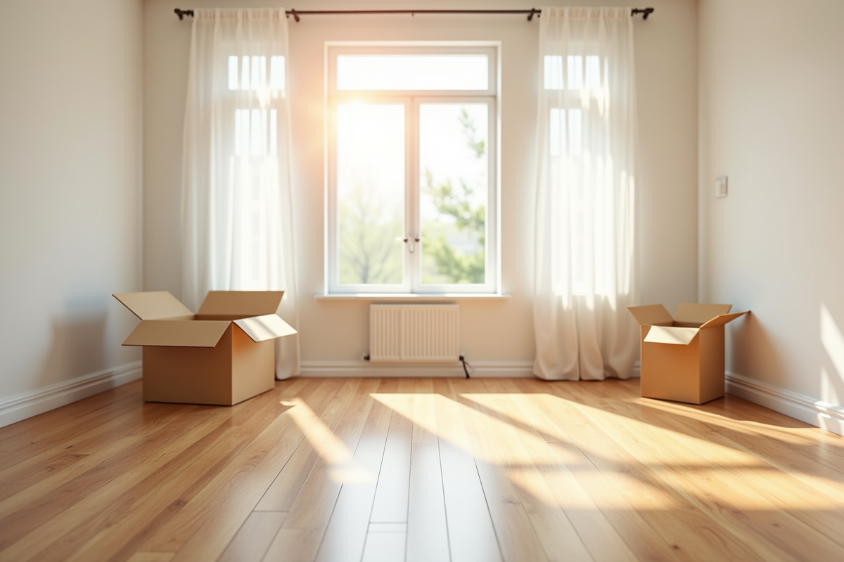 Salon lumineux avec sol en bois propre et cartons de déménagement