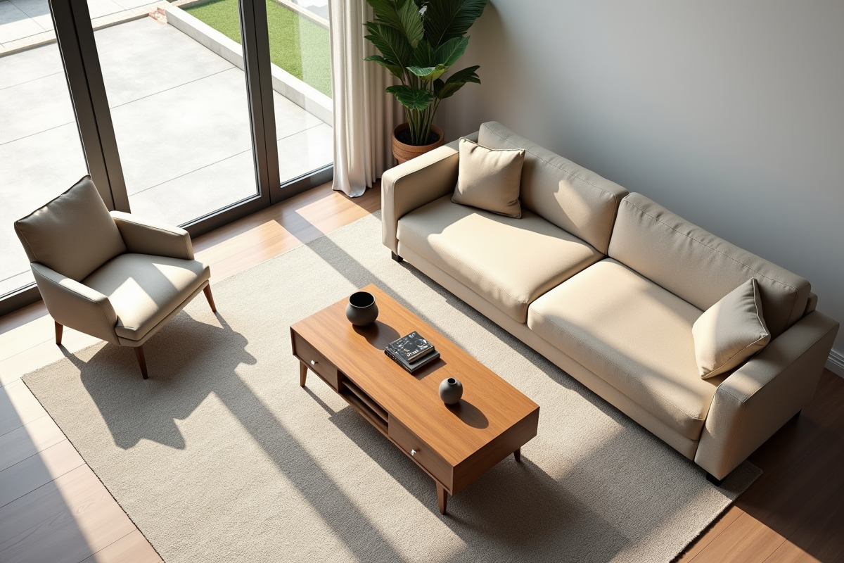 Salon moderne vue plongeante canapé beige et table en bois