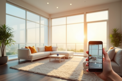 Salon moderne avec volets roulants connectes et smartphone
