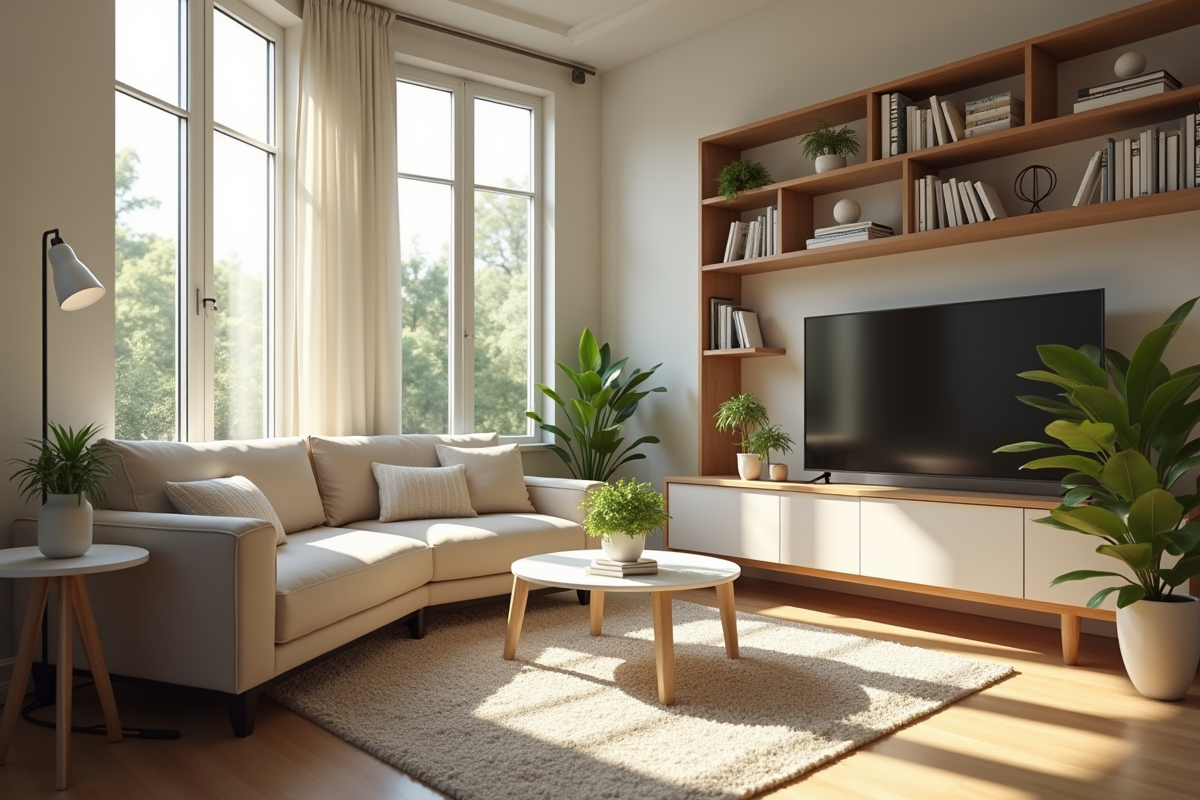Salon moderne bien organisé avec lumière naturelle