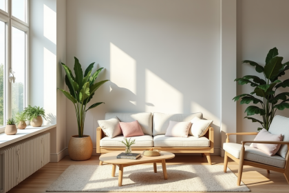 Salon scandinave lumineux avec mobilier en bois clair