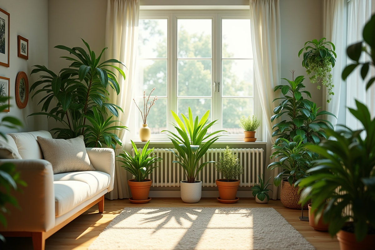 Salon cosy avec plantes vertes près des fenêtres lumineuses
