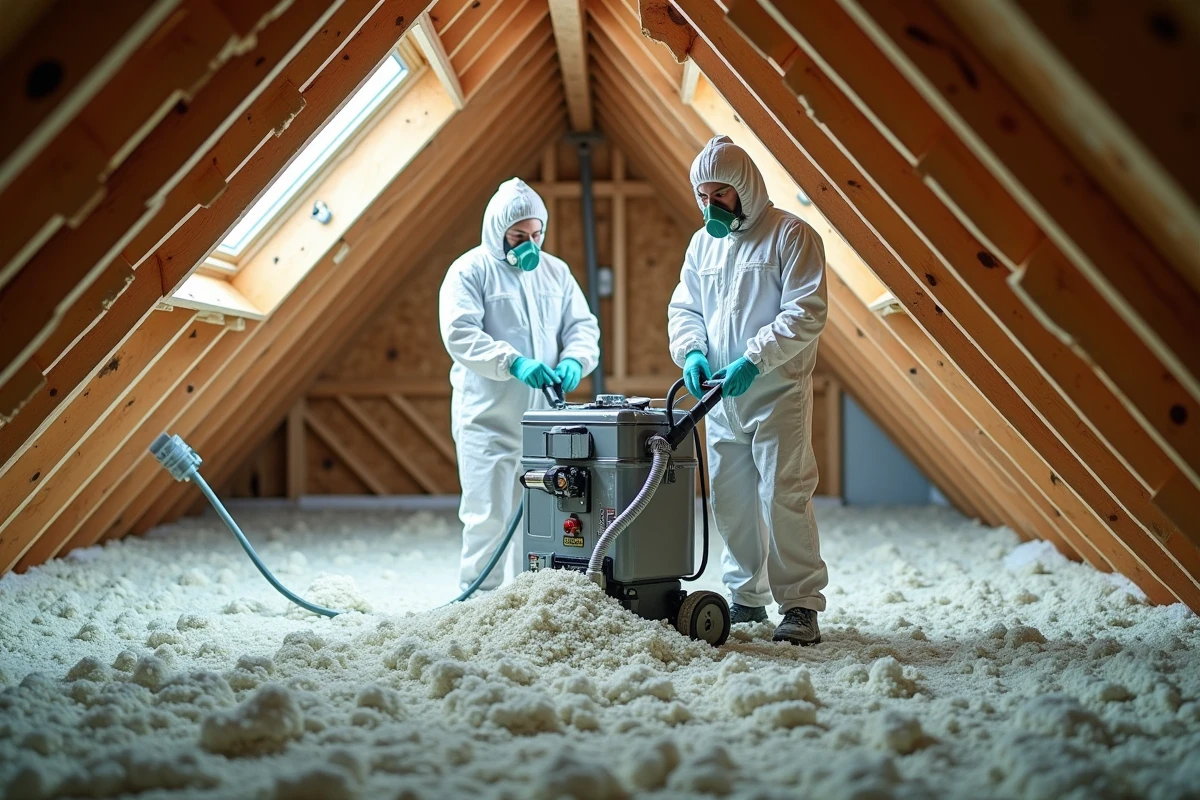Deux techniciens en train de souffler de la ouate de cellulose dans les combles d'une maison en rénovation