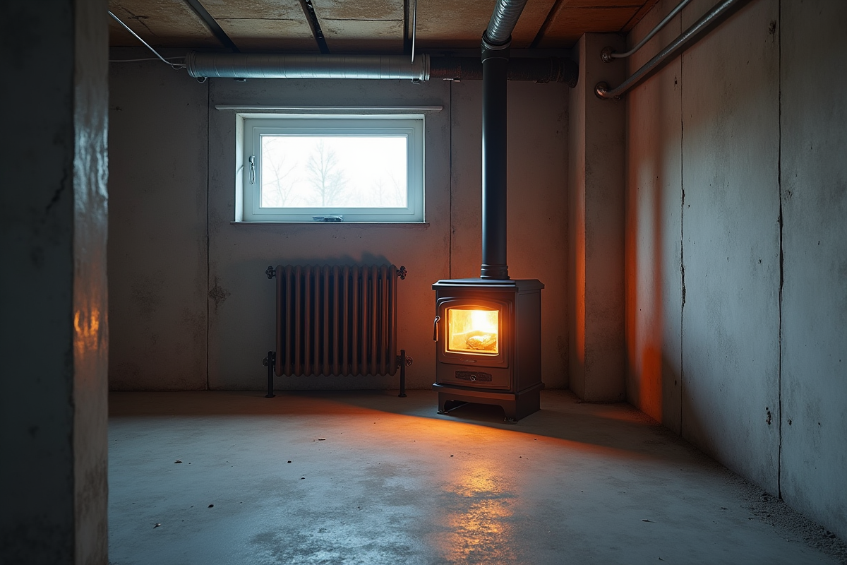 Sous-sol brut avec radiateur à huile et murs en béton froids