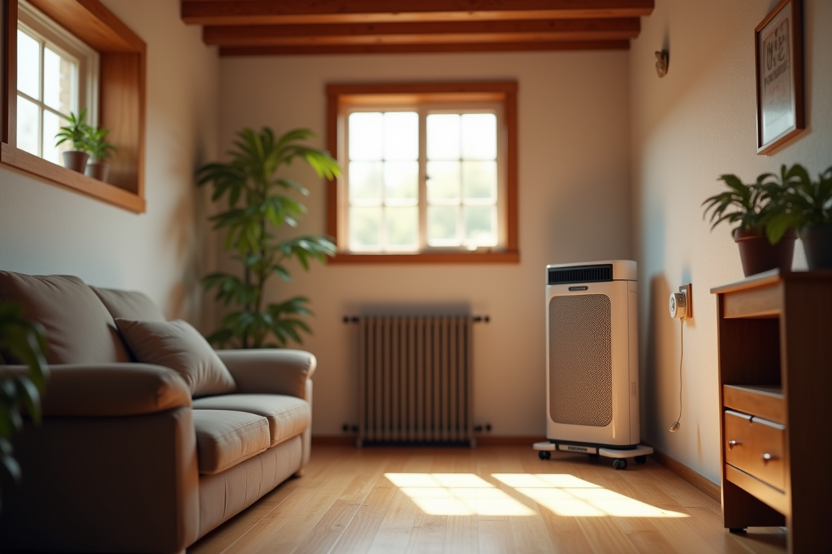 Sous-sol chaleureux avec chauffage électrique moderne et lumière naturelle
