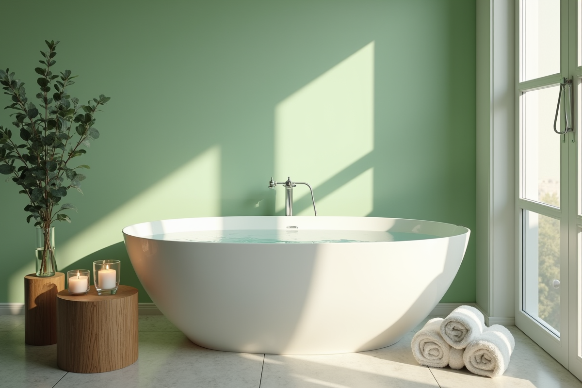 Salle de bain spa avec baignoire blanche et ambiance verte