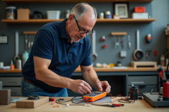 Technicien en atelier connectant un multimètre à un circuit