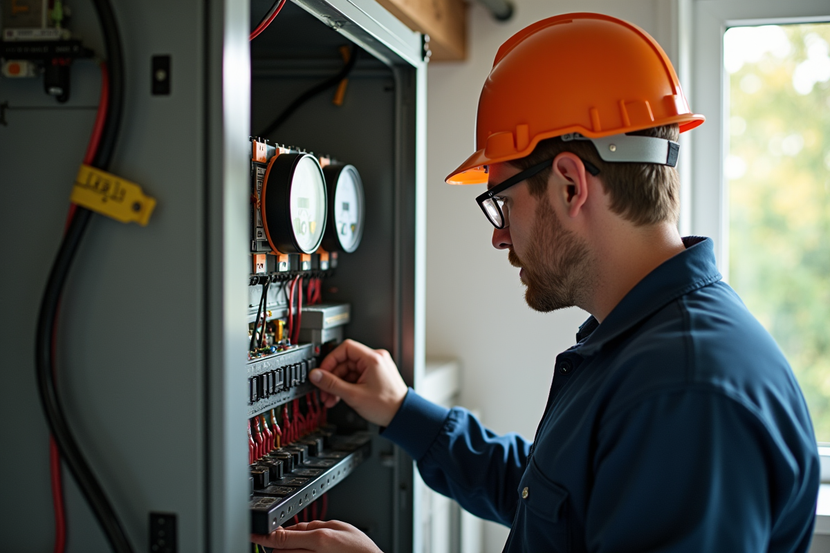 Technicien inspectant un panneau électrique dans une maison écologique