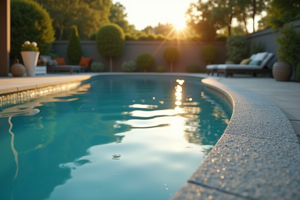Gros plan sur la texture gunite de la piscine au soleil