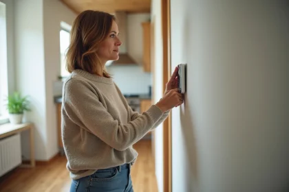 Femme ajustant un thermostat dans un salon lumineux