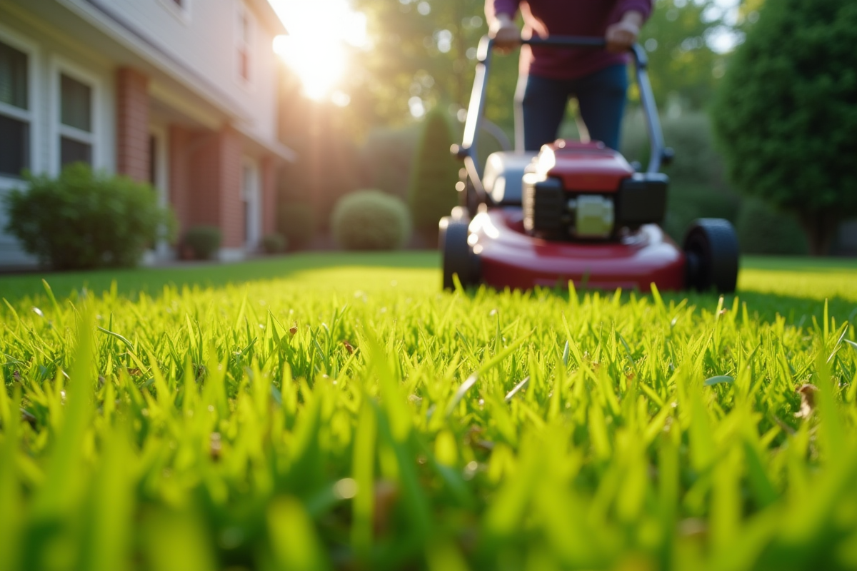 Personne tondant une pelouse verte dans un jardin ensoleille