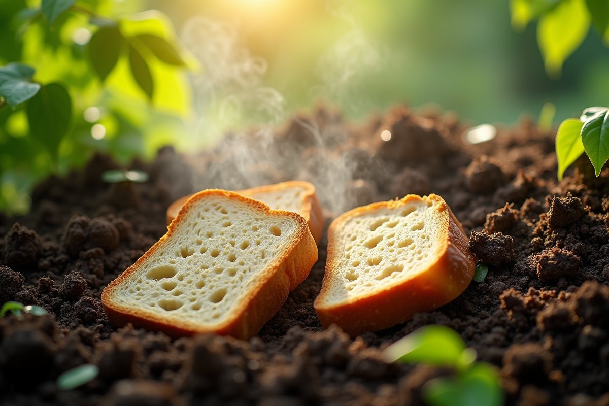 Tranches de pain dans compost en jardin avec lumiere naturelle