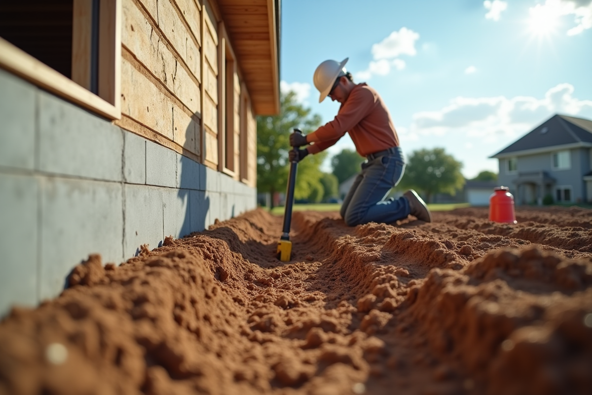 Ouvrier utilisant des vérins pour stabiliser la fondation d'une maison