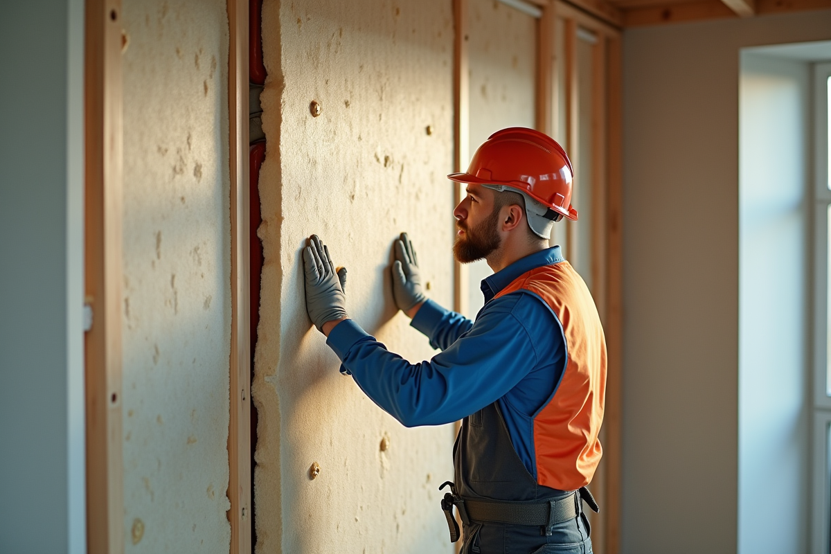 Ouvrier appliquant des panneaux d'isolation dans un mur