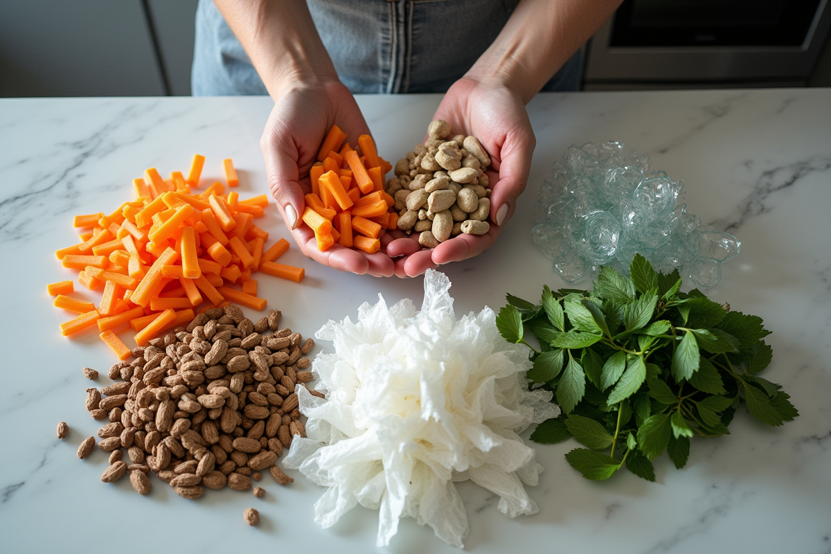 Main triant les déchets dans une cuisine moderne