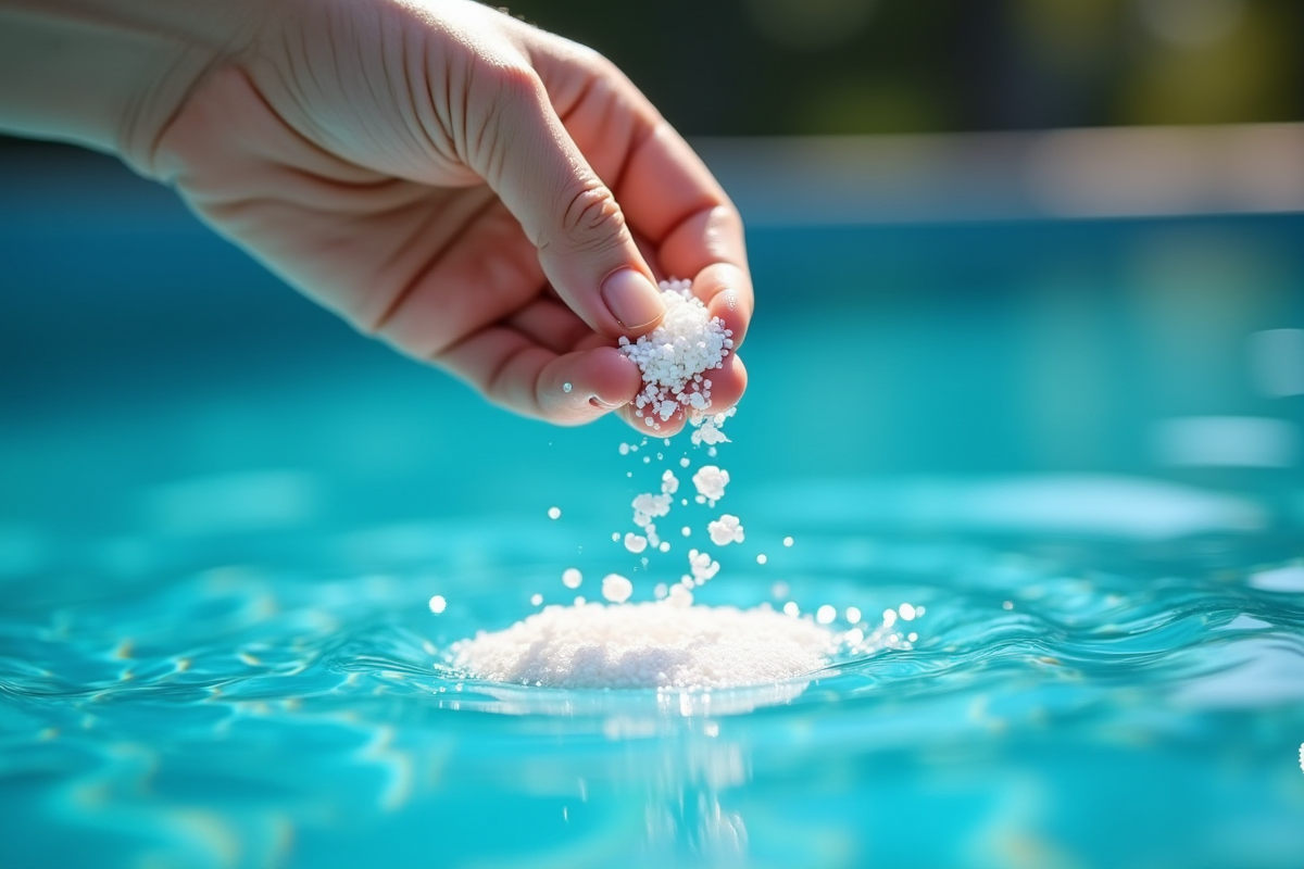 Versement de granulés de chlore dans une piscine bleue